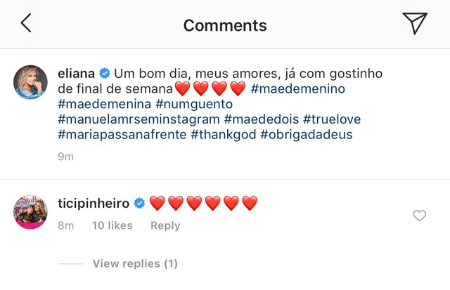 Comentário de Ticiane Pinheiro na foto de Eliana (Foto: Reprodução/Instagram)