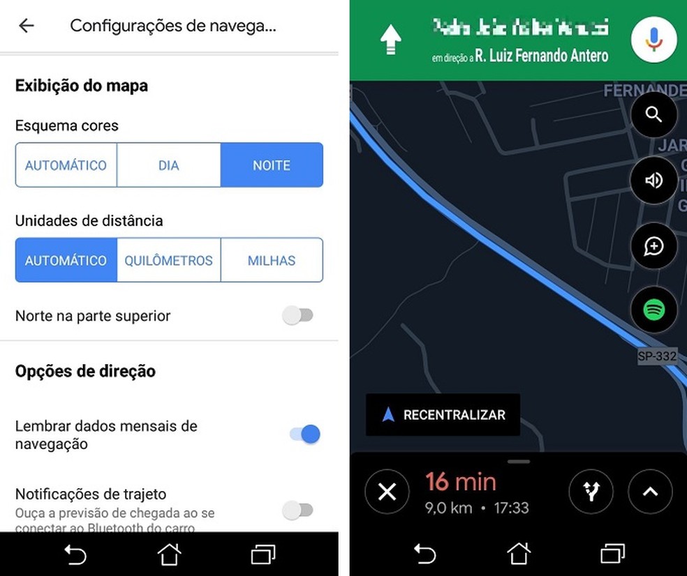Modo noturno pode ser ativado a qualquer momento no Google Maps  — Foto: (Reprodução/Maria Dias)