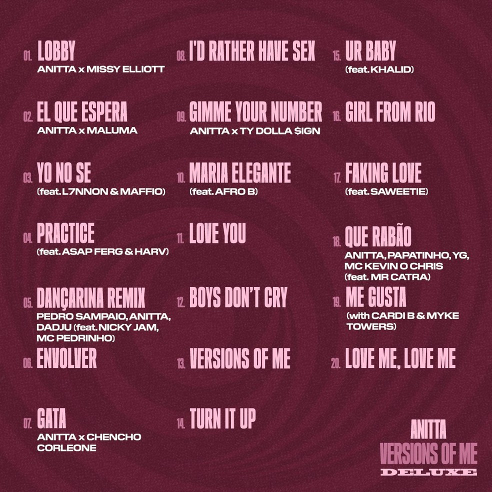 Tracklist do álbum 'Versions of me deluxe', de Anitta — Foto: Divulgação
