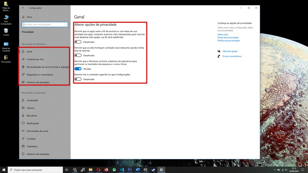 Windows 10 tem várias configurações de privacidade que valem à pena observar — Foto: Reprodução/Filipe Garrett
