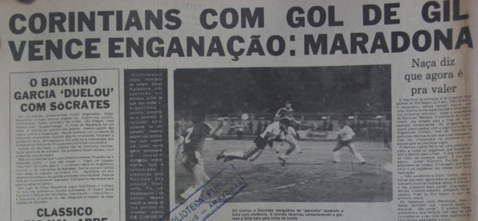 Jornal "A Notícia", de Manaus, relata ausência de Maradona em amistoso contra o Corinthians — Foto: Arquivo Fernando Wanner e Anderson Adriano