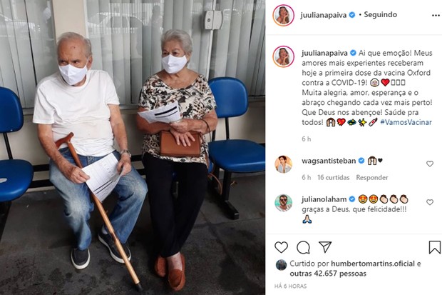 Juliana Paiva comemora vacinação dos avós contra Covid-19 (Foto: Reprodução/Instagram)