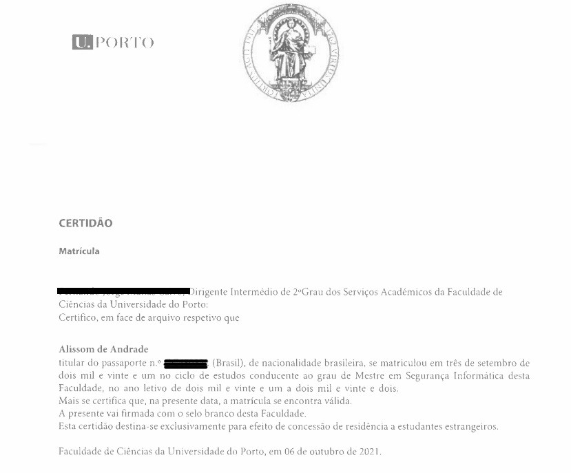 Certidão da Universidade do Porto que comprova a matrícula de Alissom