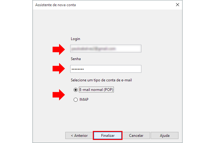 Insira as credenciais da sua conta de e-mail e escolha entre POP ou IMAP (Foto: Reprodução/Paulo Alves)