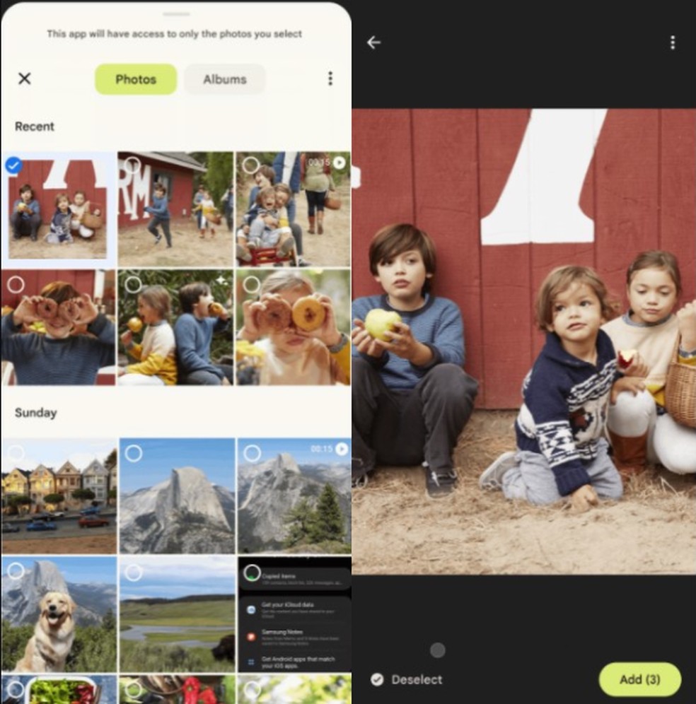 Seleção de fotos para compartilhar com app no Android 13 — Foto: Divulgação/Google