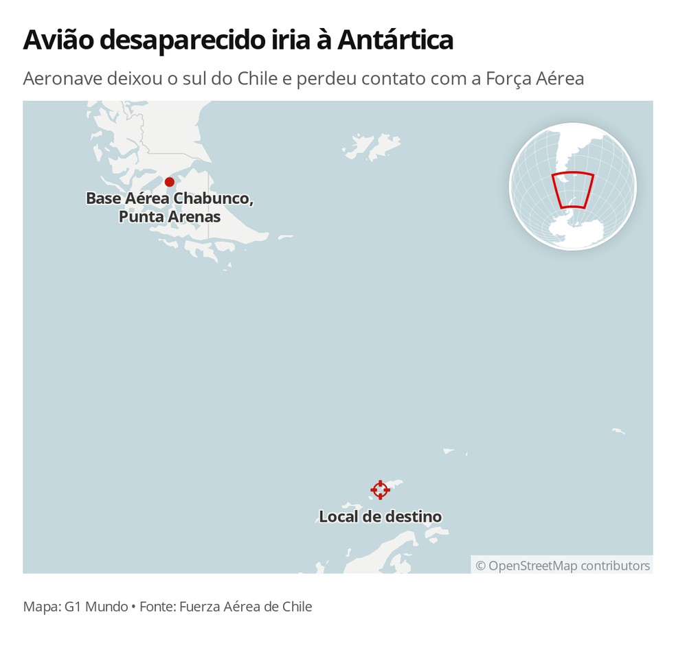 Local de partida e de destino de avião militar chileno desaparecido — Foto: G1 Mundo