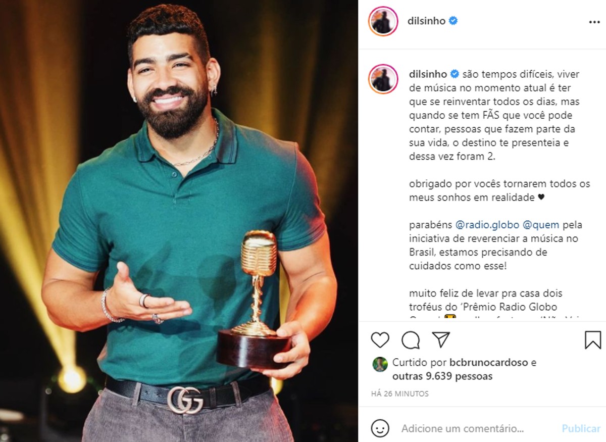 Dilsinho posta após vencer Prêmio Rádio Globo Quem 2021 (Foto: Reprodução/Instagram)