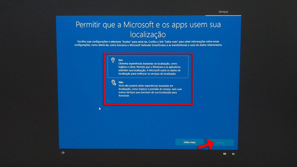 Durante a configuração do Windows 10, é solicitada permissão para utilização da localização do usuário — Foto: Reprodução/Rafael Leite