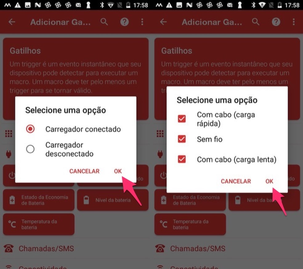 Ação para configurar o gatilho do app MacroDroid para o modo de carregamento de bateria no Android — Foto: Reprodução/Marvin Costa