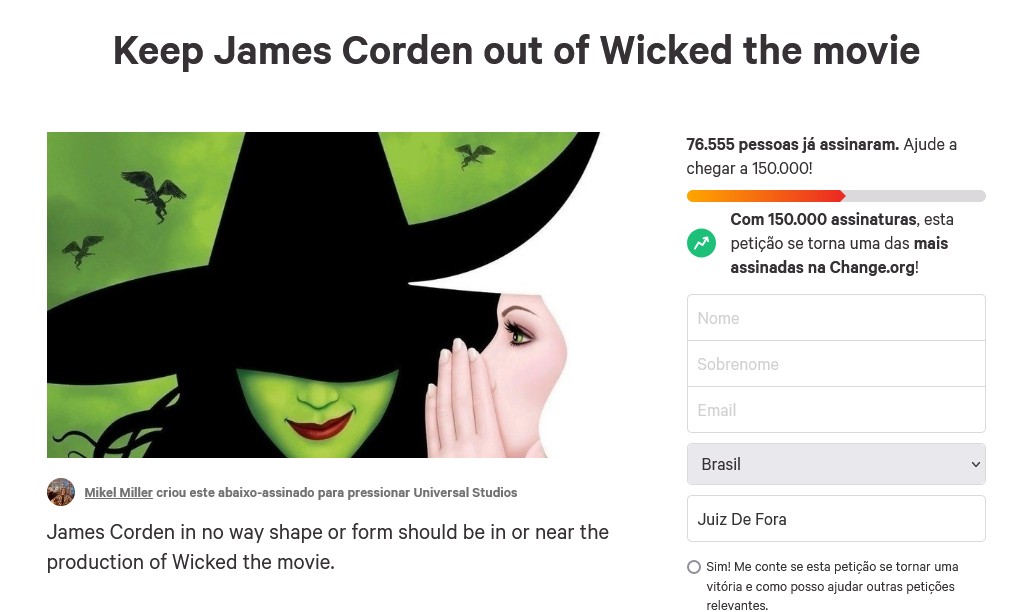 A petição contra a presença de James Corden em Wicked (Foto: Reprodução)