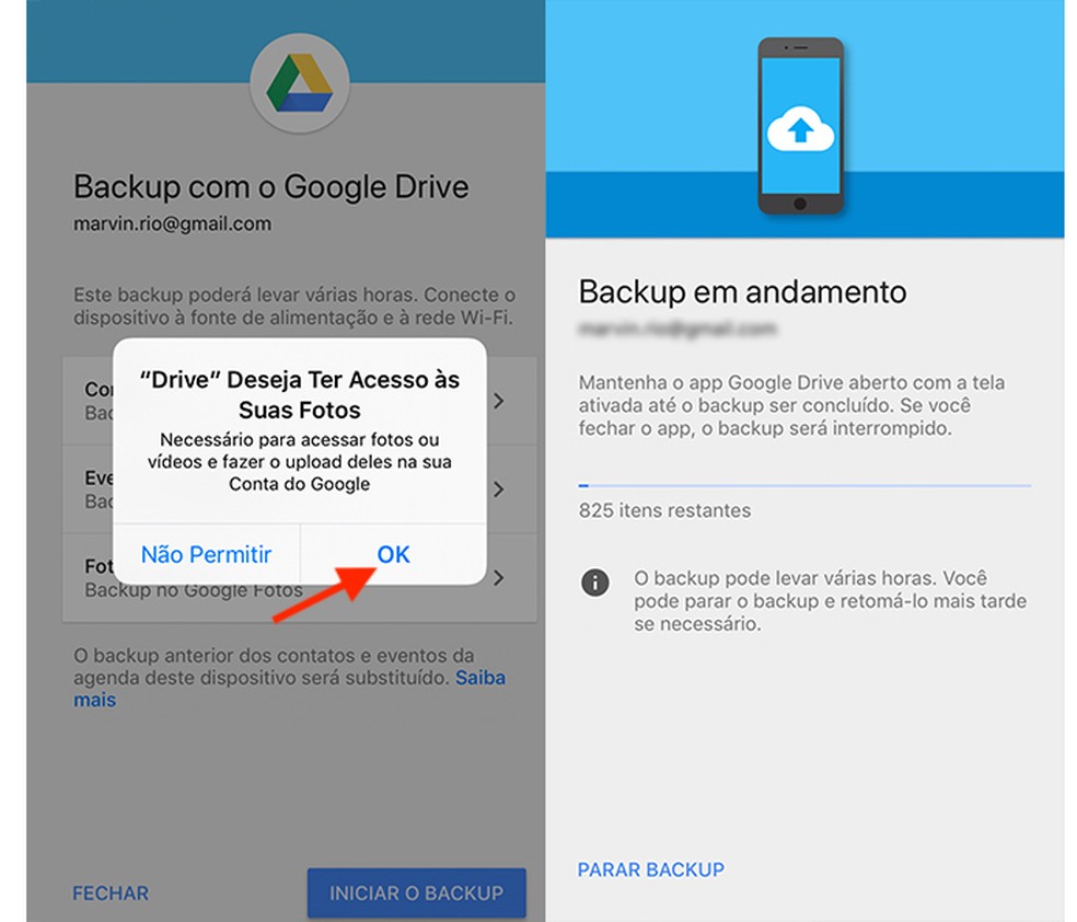 Opção para permitir acesso às fotos e a tela de início do backup do iPhone no Google Drive (Foto: Reprodução/Marvin Costa)