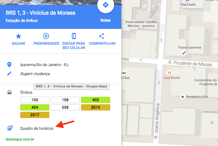 Verificando o quadro de horários dos ônibus para um ponto através do Google Mapas (Foto: Reprodução/Marvin Costa)