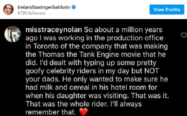 Filha de Alec Baldwin compartilha mensagem de colega de trabalho do ator (Foto: Reprodução/Instagram)
