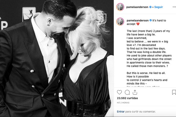 O post no qual Pamela Anderson revela ter sido traída pelo agora ex-namorado, o jogador de futebol francês Adil Rami (Foto: Instagram)
