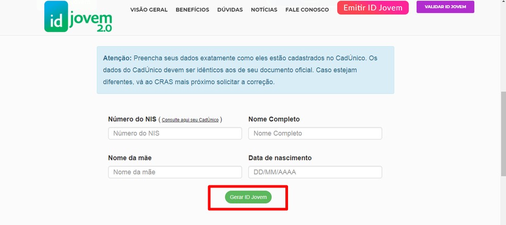 Preencha os campos e selecione "Gerar ID Jovem" — Foto: Reprodução/Isys Bastos