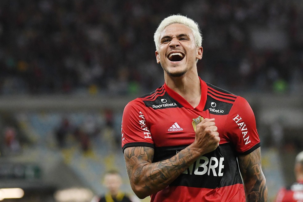 Pedro comemorando gol contra o Gr&ecirc;mio &mdash; Foto: Andr&eacute; Dur&atilde;o