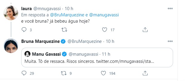 Bruna Marquezine responde a seguidor repostando publicação de Manu Gavassi (Foto: Reprodução/Twitter)