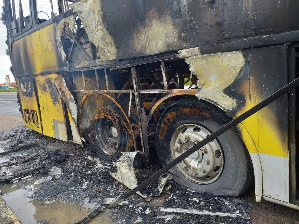 Ônibus interestadual fica destruído após pegar fogo na BR-101, no sul da Bahia — Foto: Site Bahia Extremo Sul