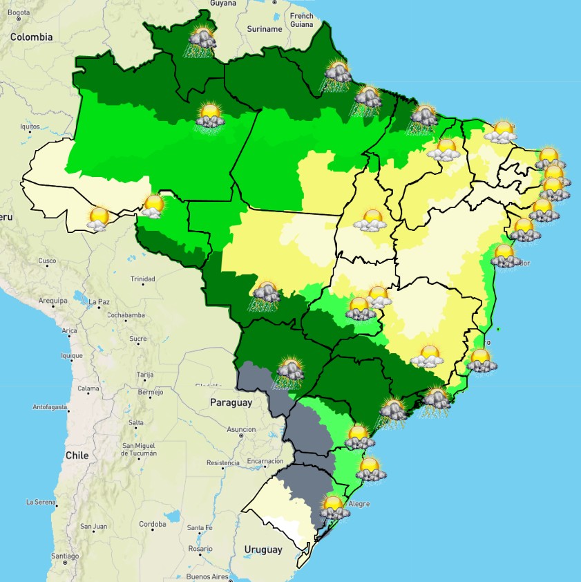 Mapa do Brasil feito pelo Inmet aponta previsão de chuvas no Sudeste e Centro-oeste além do norte do país nesta sexta-feira (11/6)  (Foto: Inmet)