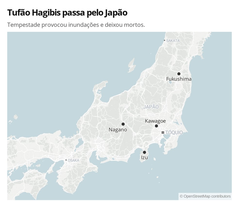 Mapa mostra cidades atingidas pela passagem do Tufão Hagibis no Japão — Foto: Letícia Macedo/ G1