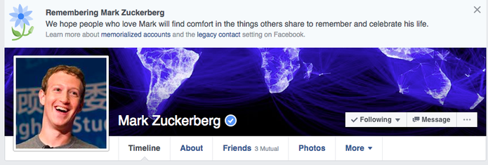 Fundador do Facebook apareceu com memorial póstumo na rede social em novembro (Foto: Reprodução/Business Insider)