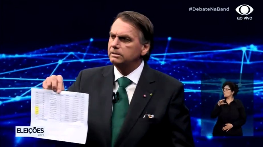 Bolsonaro exibe suposta planilha com deputados que receberam emendas do orçamento secreto durante debate da Band