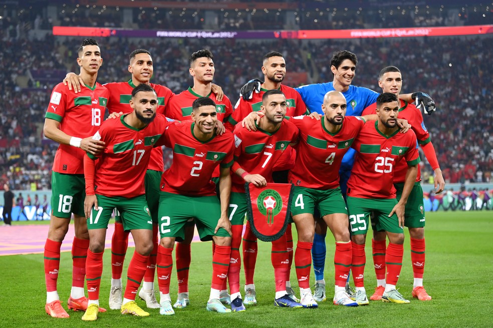 Seleção do Marrocos antes da disputa do terceiro lugar da Copa do Mundo — Foto: Michael Regan - FIFA/FIFA via Getty Images