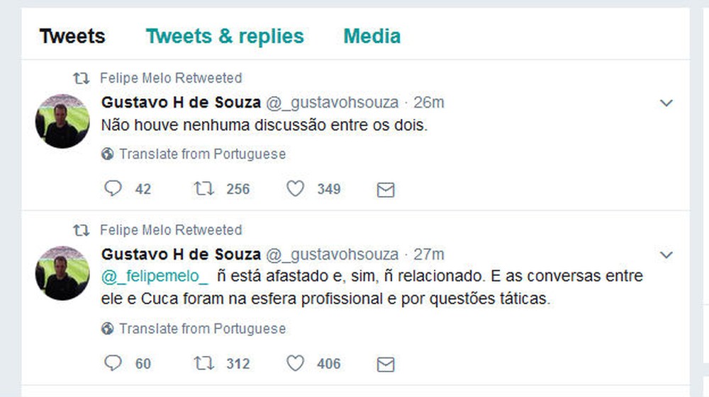 Em rede social, Felipe Melo 'dá RT' em assessor: Não houve discussão