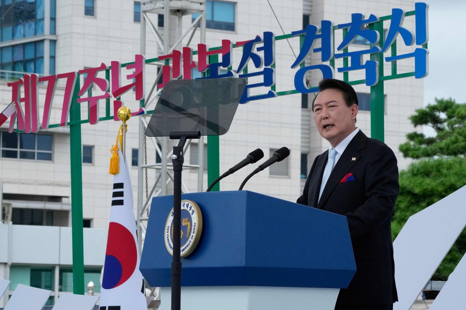 O presidente Yoon Suk-yeol discursa durante cerimônia para comemorar o Dia da Libertação da Coreia