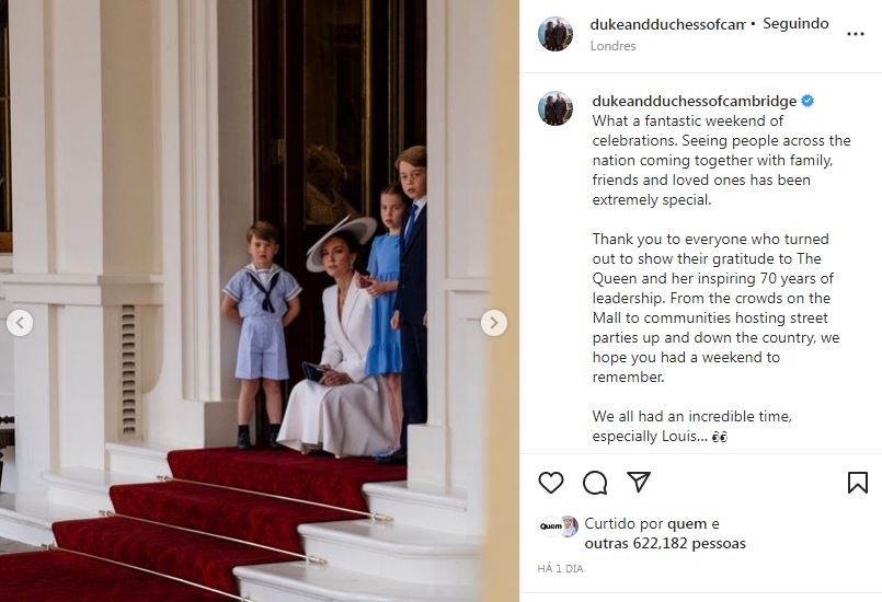 William e Kate Middleton comentaram as caras e bocas do caçula, Louis, no Jubileu (Foto: Reprodução / Instagram)