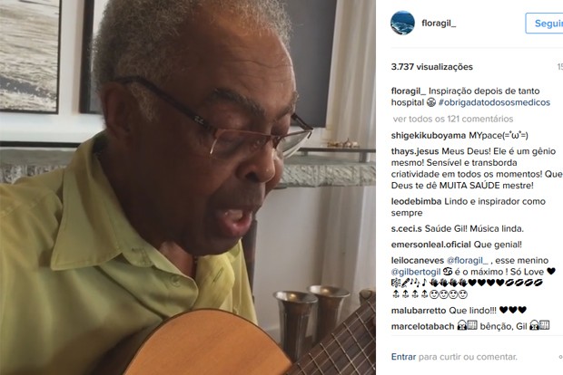 Gilberto Gil em vídeo no perfil de sua mulher Flora, canta música para sua médica (Foto: Reprodução / Instagram)