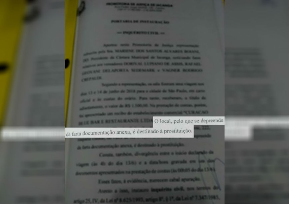 Trecho do inquérito do MP aponta estabelecimento visitado duas vezes pelos políticos como local "destinado à prostituição" — Foto: Ministério Público/Divulgação