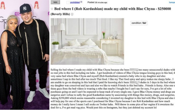 Rob Kardashian com Blac Chyna e a cama colocada a venda pelo empresário (Foto: Getty Images/Reprodução)