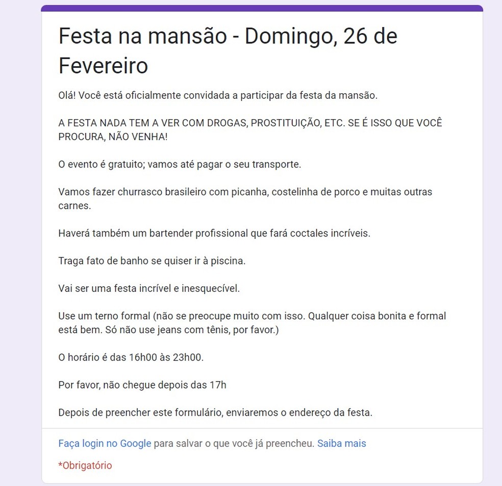 Convite enviado para cadastro para a festa em São Paulo — Foto: Reprodução