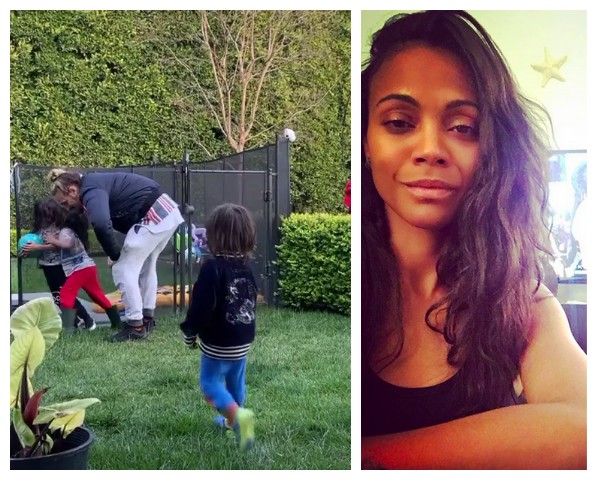 Um registro do vídeo compartilhado pela atriz Zoë Saldaña mostrando o marido tentando controlar a brincadeira dos filhos (Foto: Instagram)
