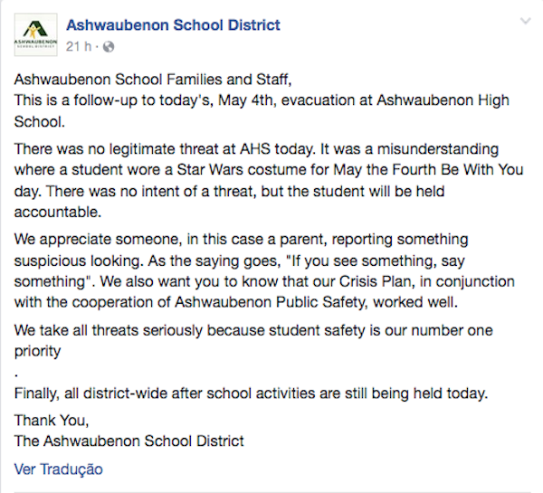 O depoimento da escola de Ashwaubenon explicando o ocorrido com o fã de Star Wars (Foto: Facebook)