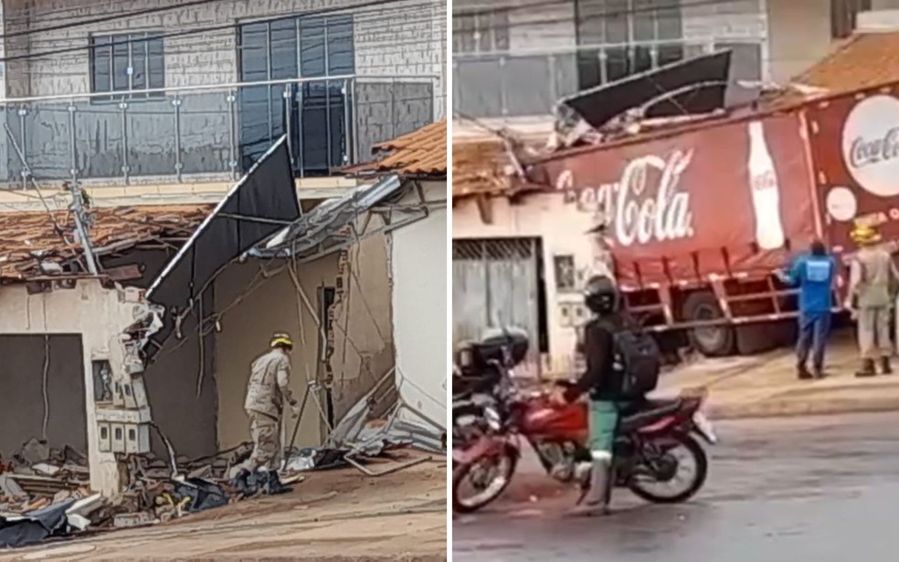 Caminhão invade casa, em Goiânia — Foto: Reprodução/Claudia Moura