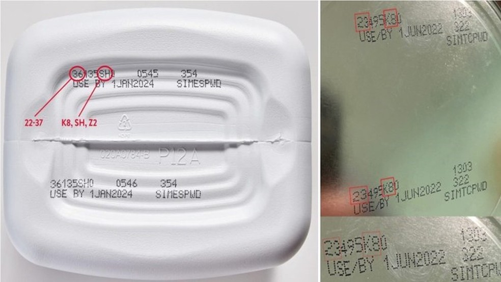 Lotes começam com os dois primeiros dígitos entre 22 e 37, contendo K8, SH ou Z2, e têm como data de validade 1º de abril de 2022 ou data posterior. — Foto: Anvisa/Divulgação