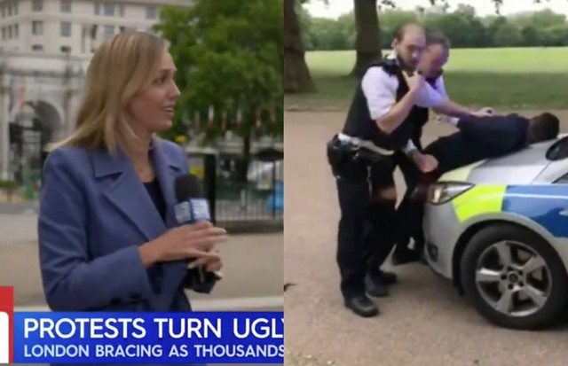 Repórter é atacada em transmissão ao vivo durante protestos em Londres (Foto: Reprodução/Instagram)