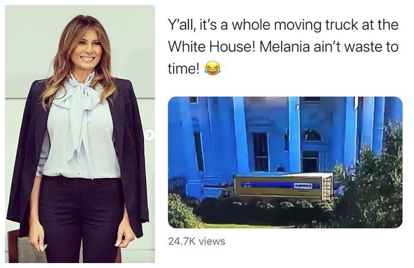 A primeira dama dos Estados Unidos, Melania Trump, e uma piada fazendo graça com o suposto caminhão de mudanças estacionado em frente à Casa Branca (Foto: Instagram)