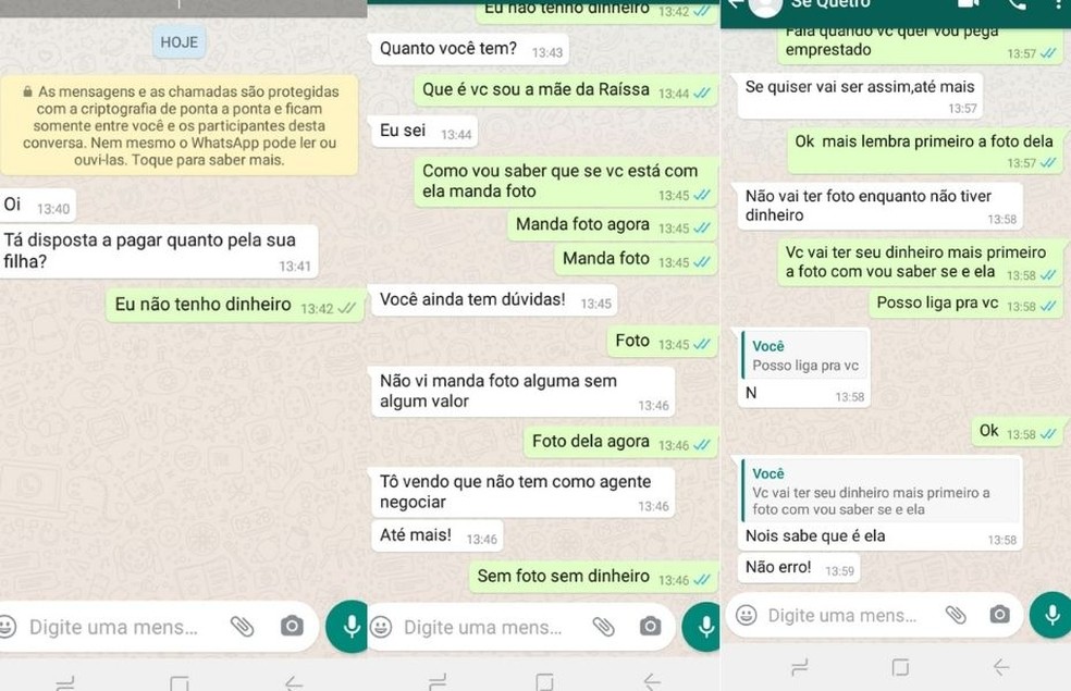 Mensagem pedindo dinheiro foram mandadas de um número desconhecido  — Foto: Arquivo pessoal