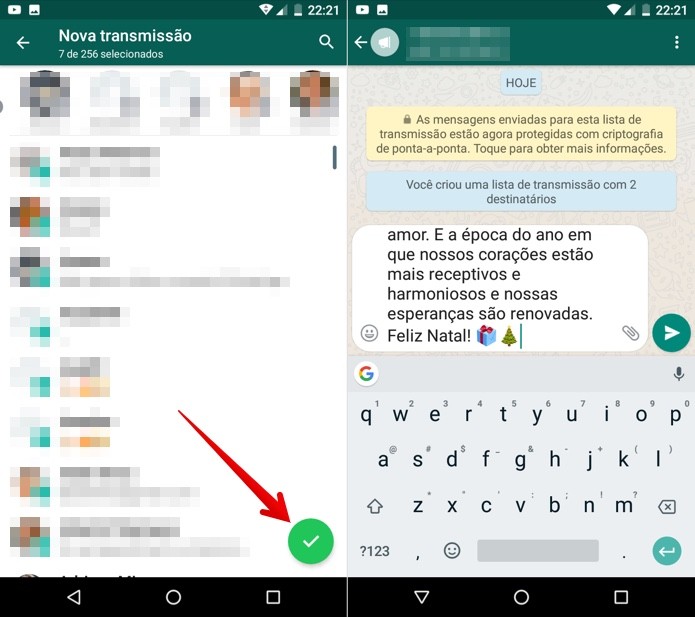 Selecione os contatos e envie a sua mensagem no WhatsApp para Android â Foto: ReproduÃ§Ã£o/Helito Beggiora