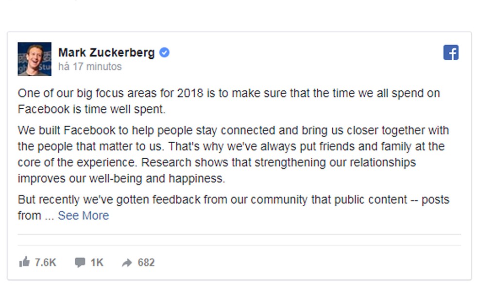 Post de Mark Zuckerberg anunciando mudanças no feed do Facebook (Foto: Reprodução/Facebook)