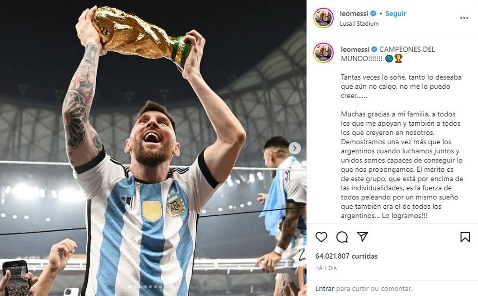 Messi bate recorde e tem foto mais curtida do mundo no Instagram — Foto: Reprodução/ Instagram