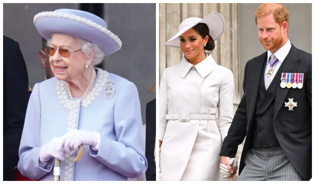 A Rainha Elizabeth II e o Príncipe Harry com a atriz e duquesa Meghan Markle durante os eventos celebrando os 70 anos de reinado da monarca britânica (Foto: Getty Images)
