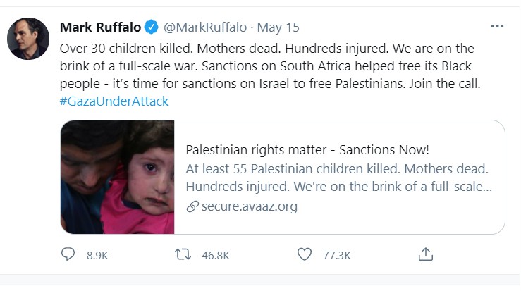 Mark Ruffalo comenta conflito entre Israel e Palestina (Foto: Reprodução / Twitter)