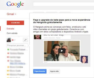 Usuários do Gmail começam a receber convites para o substituto do Gtalk, o Hangouts (Foto: Reprodução/Gmail)