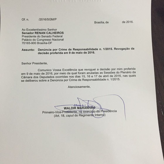 Waldir Maranhão comunica Renan Calheiros sobre revogação (Foto: Reprodução) Waldir Maranhão comunica Renan Calheiros sobre revogação (Foto: Reprodução)