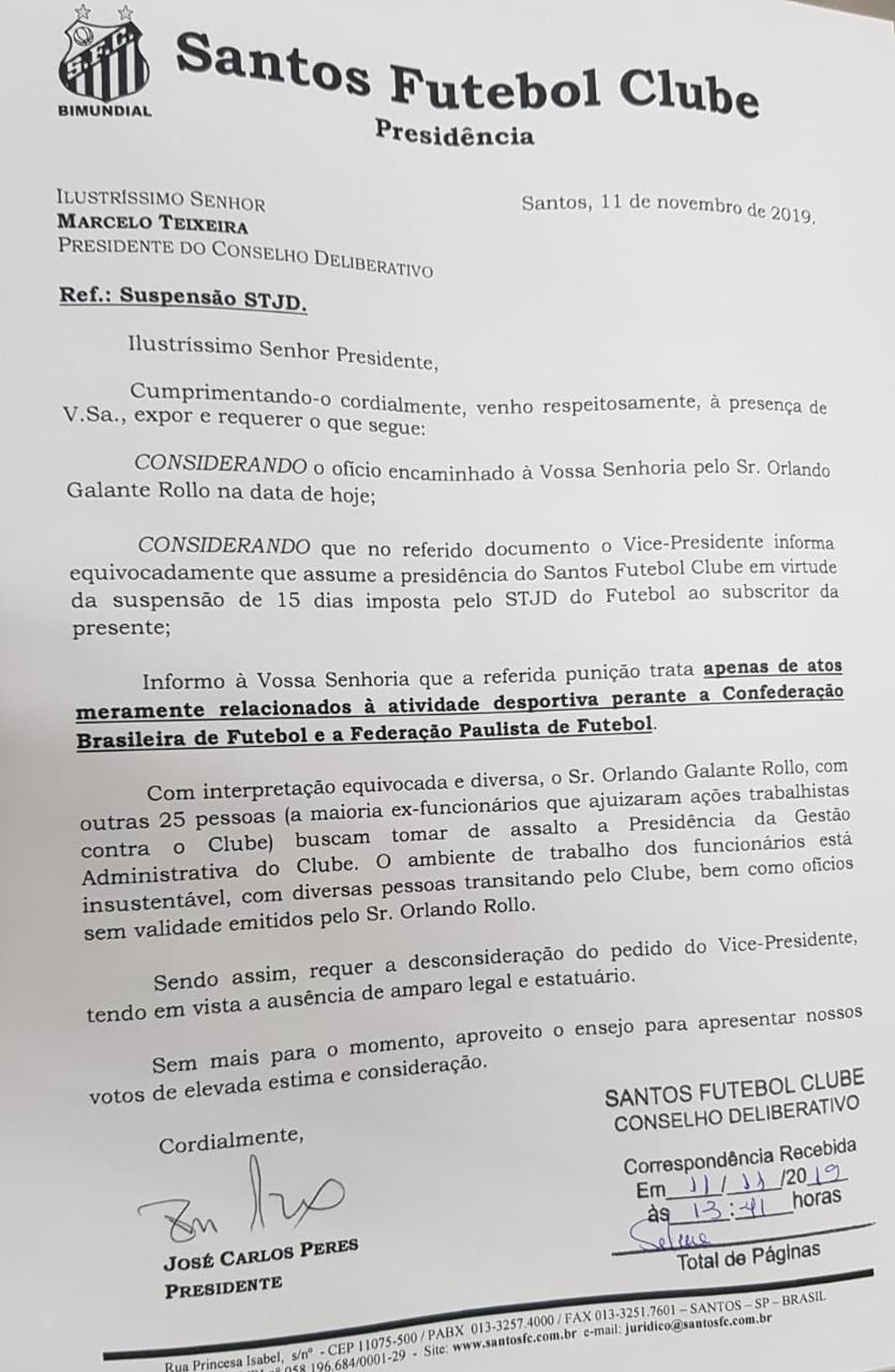 Ofício de José Carlos Peres ao Conselho do Santos — Foto: Reprodução