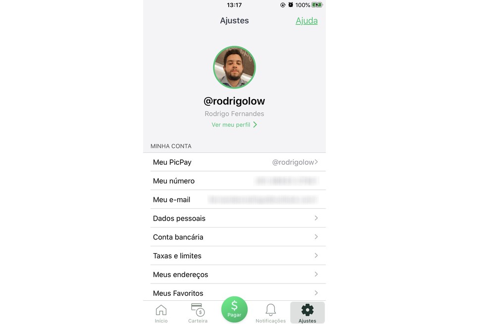 PicPay vale a pena? Nome de usuário é exibido no perfil — Foto: Reprodução/Rodrigo Fernandes